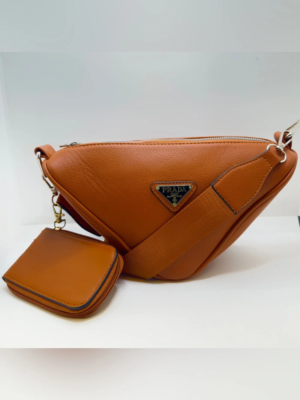 Designer-Inspired Brown Faux Leather Triangle Logo Crossbody Bag W/Pouch